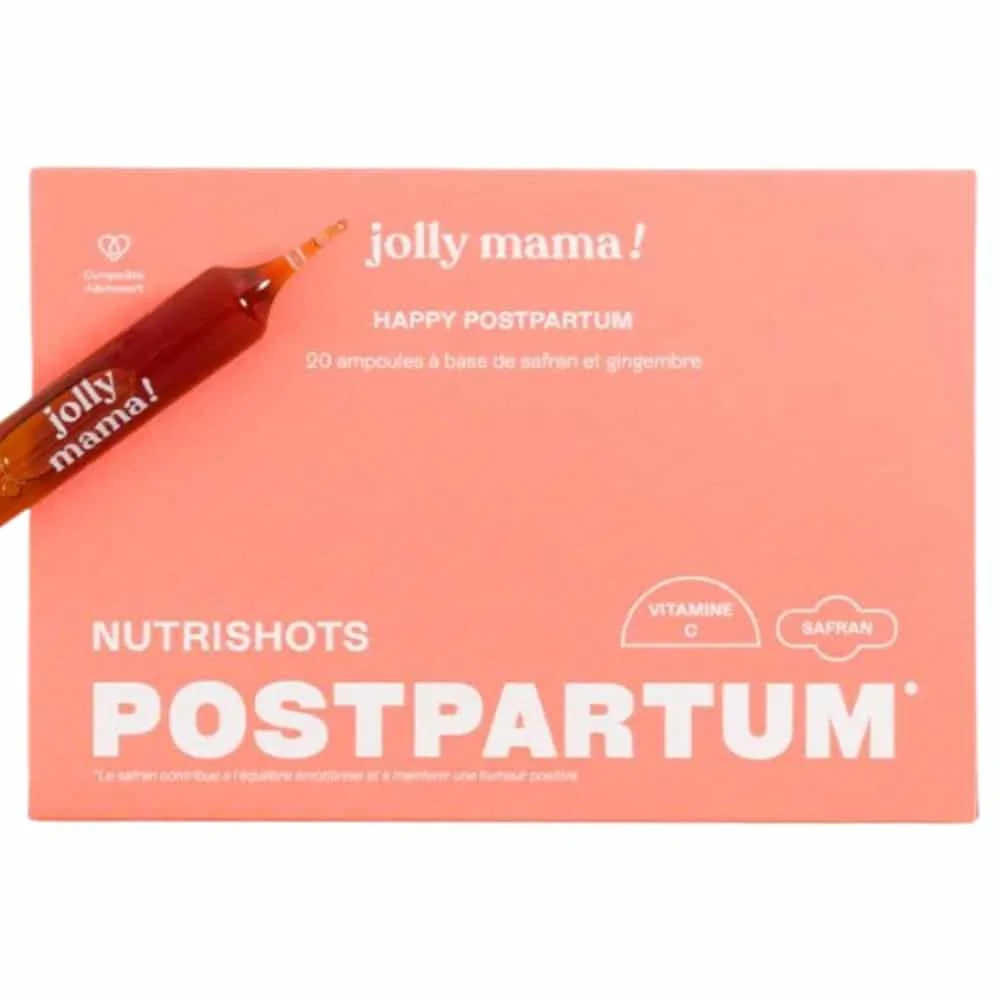 jolly-mama-happy-postpartum-20-ampoules-nutishots-postpartum.jpg Boîte corail Jolly Mama Nutrishots Postpartum avec ampoule safran