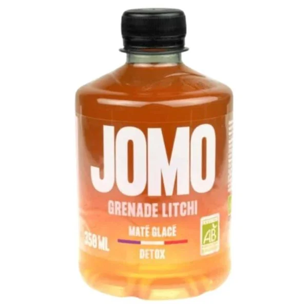 Bouteille Jomo maté glacé grenade litchi 350 ml, logo AB bio