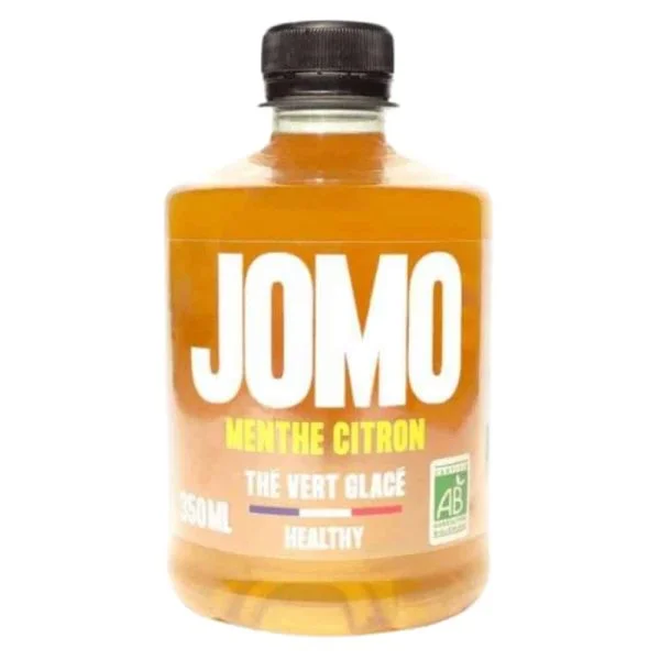 Bouteille Jomo thé vert glacé menthe citron 350 ml, logo AB