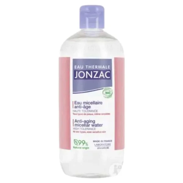 Flacon transparent Jonzac eau micellaire anti-âge étiquette rose 500 ml
