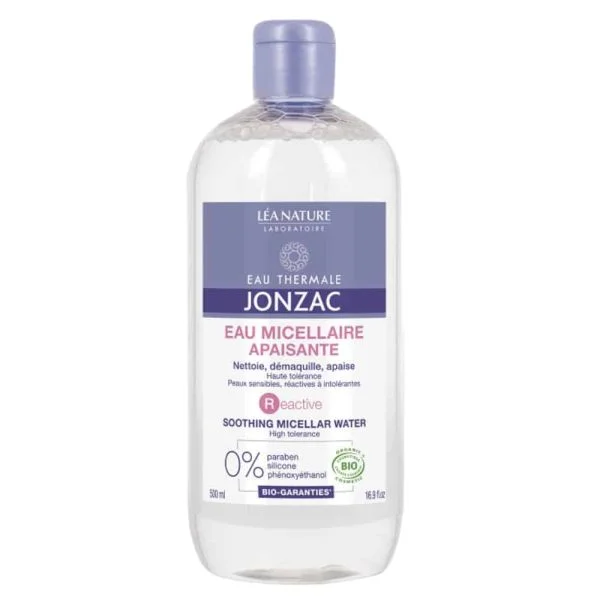 Grand flacon transparent d'eau micellaire apaisante Jonzac Reactive 500 ml