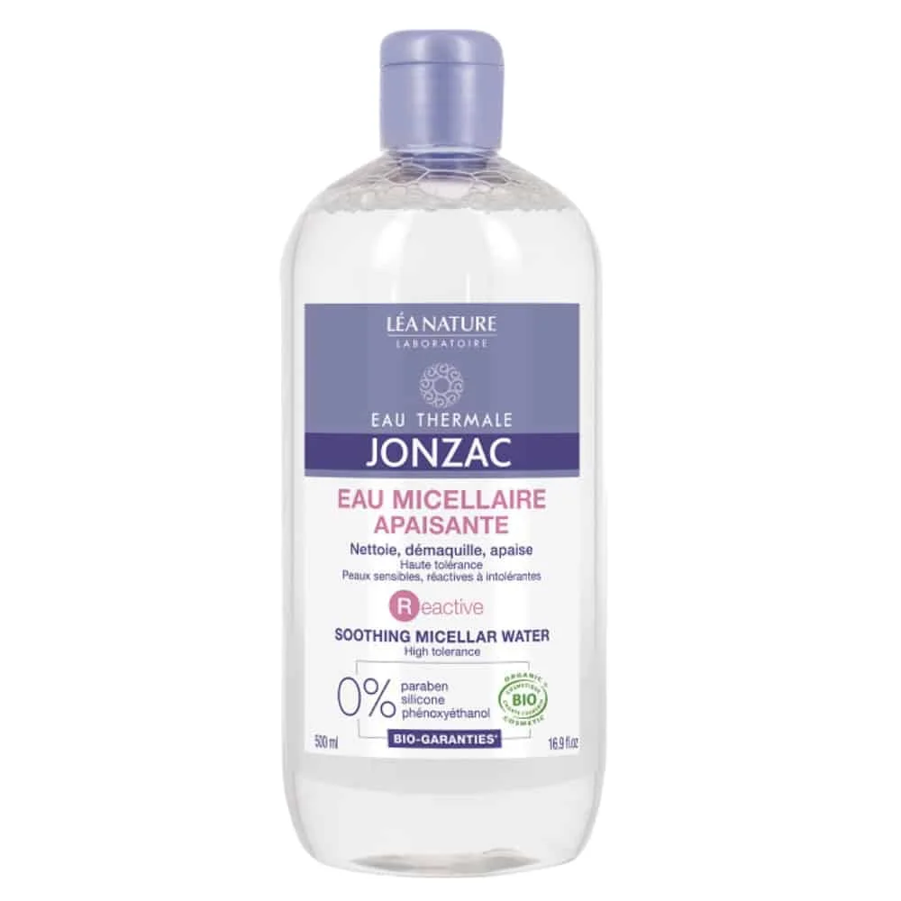 jonzac-reactive-eau-micellaire-apaisante-bio-500ml.jpg Grand flacon transparent d'eau micellaire apaisante Jonzac Reactive 500 ml