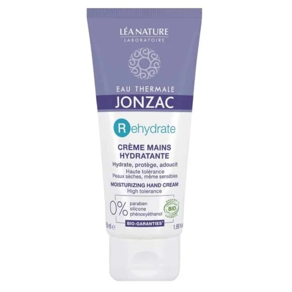 Tube de la crème mains hydratante Jonzac Rehydrate 50 ml, capuchon violet