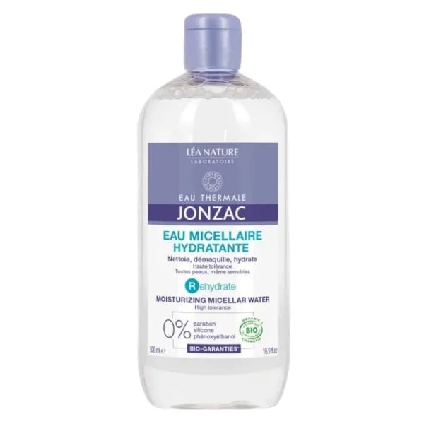 Grand flacon transparent d'eau micellaire hydratante Jonzac Rehydrate 500 ml