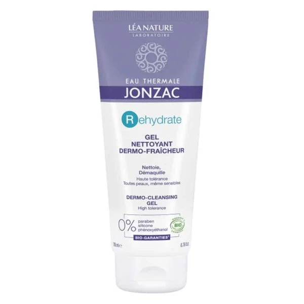 Tube du gel nettoyant dermo-fraîcheur Jonzac Rehydrate 200 ml, capuchon violet