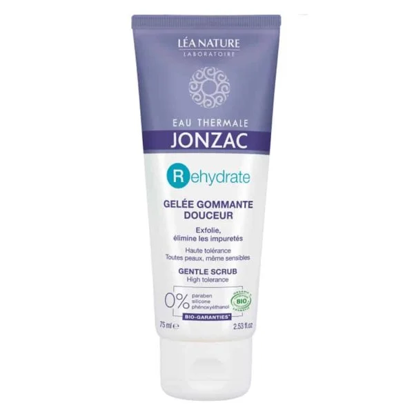 Tube de la gelée gommante douceur Jonzac Rehydrate 75 ml, capuchon violet