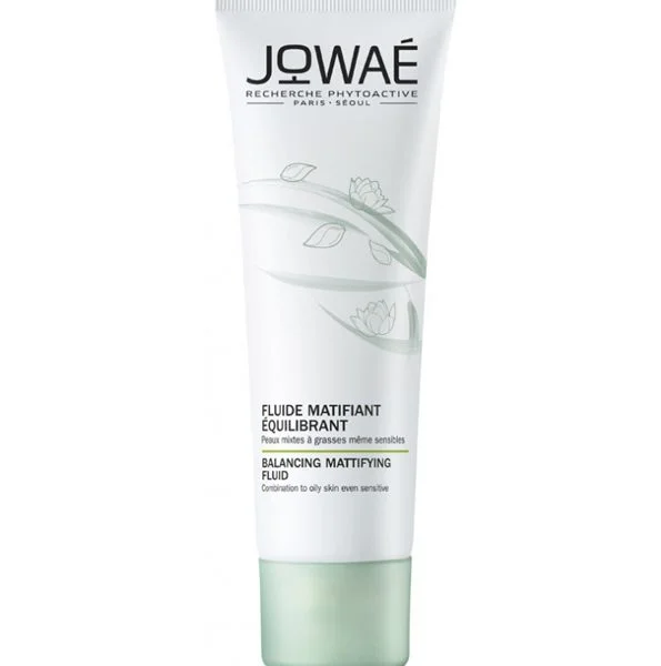 Tube blanc Jowaé fluide matifiant équilibrant, motif lotus vert