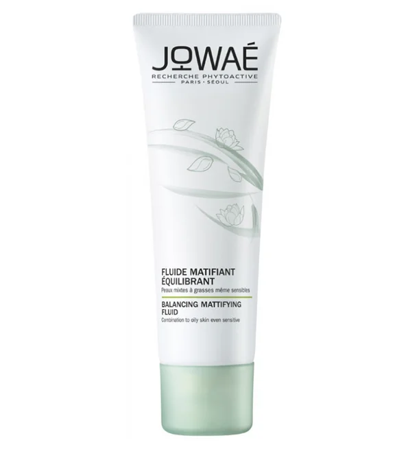 jowae-fluide-matifiant-equilibrant-40ml.jpg Tube blanc Jowaé fluide matifiant équilibrant, motif lotus vert