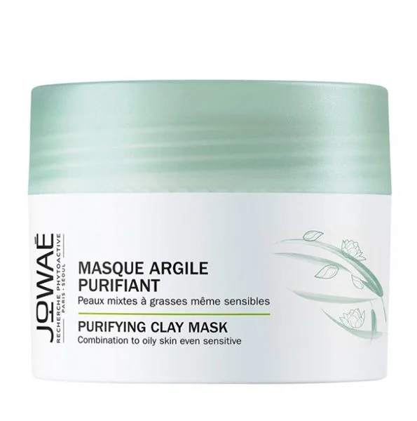 Pot vert d'eau Jowaé Masque Argile Purifiant fermé, étiquette blanche