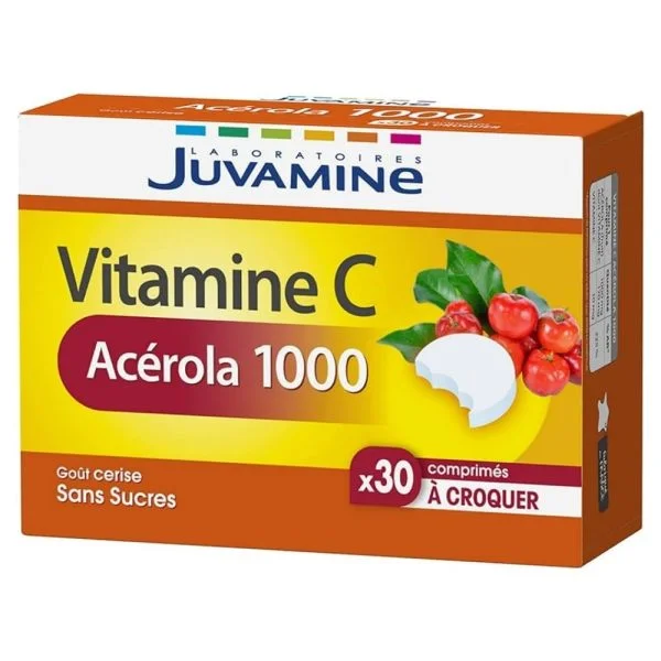 Boîte orange et jaune Juvamine Vitamine C Acérola 1000, 30 comprimés