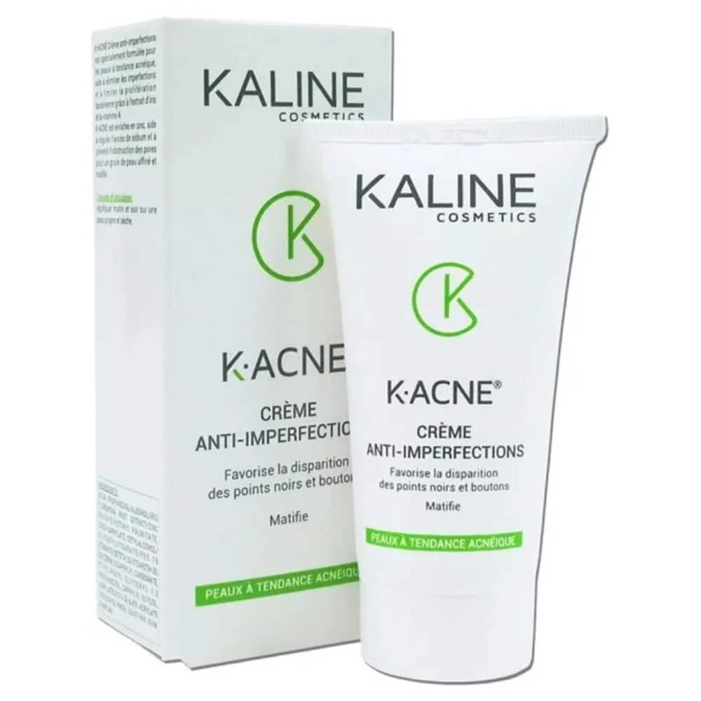 kaline-k-acne-creme-anti-imperfections-50ml.jpg Tube et étui blancs Kaline K-Acné crème anti-imperfections, logo vert
