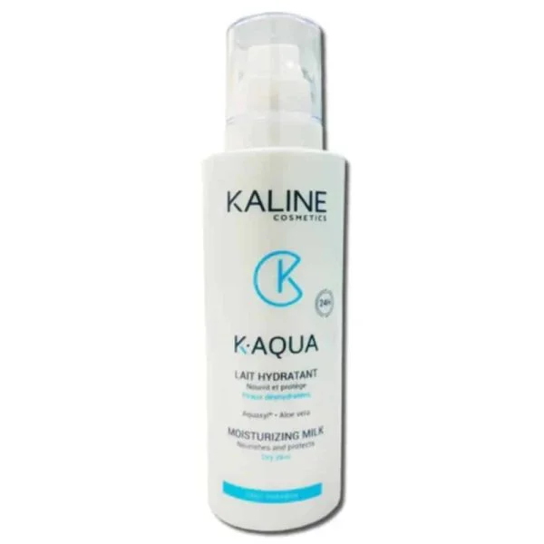 Flacon pompe blanc Kaline K-Aqua Lait Hydratant 200 ml, texte bleu