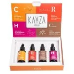 Coffret ouvert Kayza avec quatre sérums vitamine C rétinol caféine hyaluronique