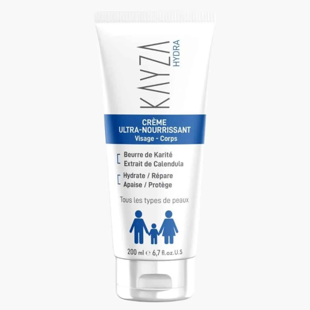 kayza-creme-ultra-nourissante-200ml.jpg Tube blanc et bleu Kayza Hydra crème ultra-nourrissante visage corps 200 ml