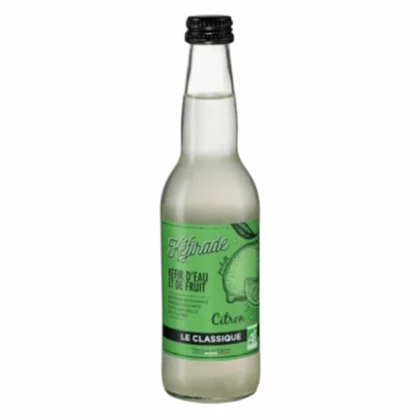 Bouteille en verre Kéfirade kéfir d'eau et de fruit citron, capsule noire