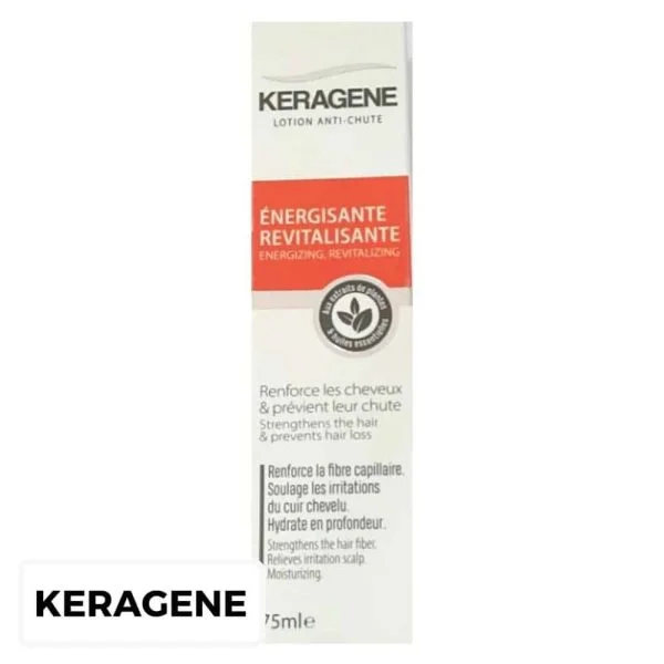 Étui blanc et rouge Keragène lotion anti-chute énergisante revitalisante 75 ml