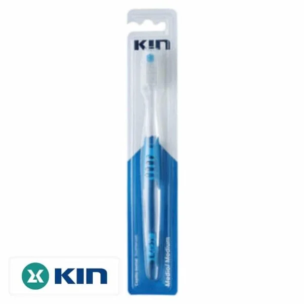 Brosse à dents KIN medium blanche et bleue sous blister transparent