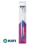Brosse à dents KIN souple blanche et bleue sous blister fuchsia