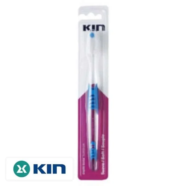 Brosse à dents KIN souple blanche et bleue sous blister fuchsia