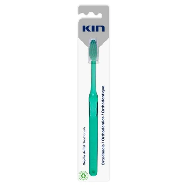 Brosse à dents orthodontique KIN à manche vert sous blister gris