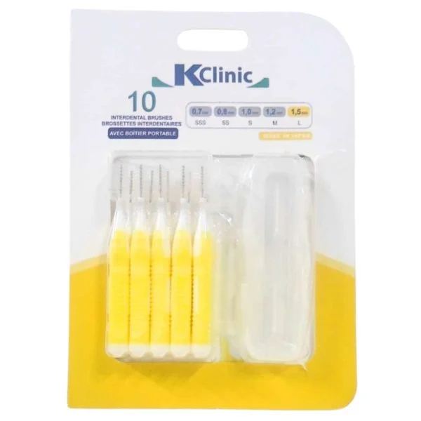 Blister jaune KClinic de dix brossettes interdentaires 1,5 mm avec boîtier