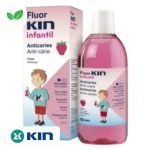 Flacon rose et étui du bain de bouche Fluor KIN Infantil fraise