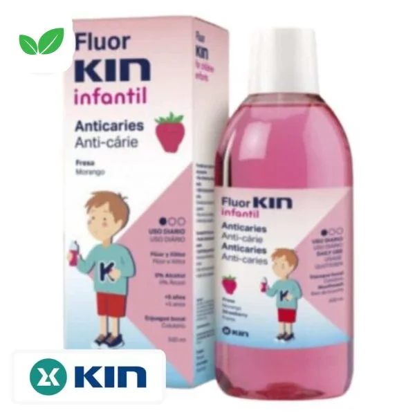 Flacon rose et étui du bain de bouche Fluor KIN Infantil fraise