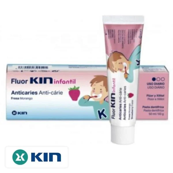 Tube rose et étui du dentifrice Fluor KIN Infantil goût fraise
