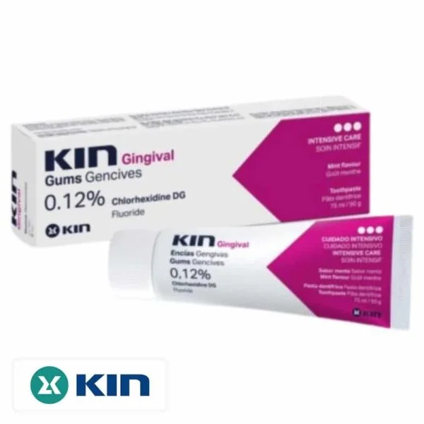 Tube et étui blanc et fuchsia du dentifrice KIN Gingival gencives