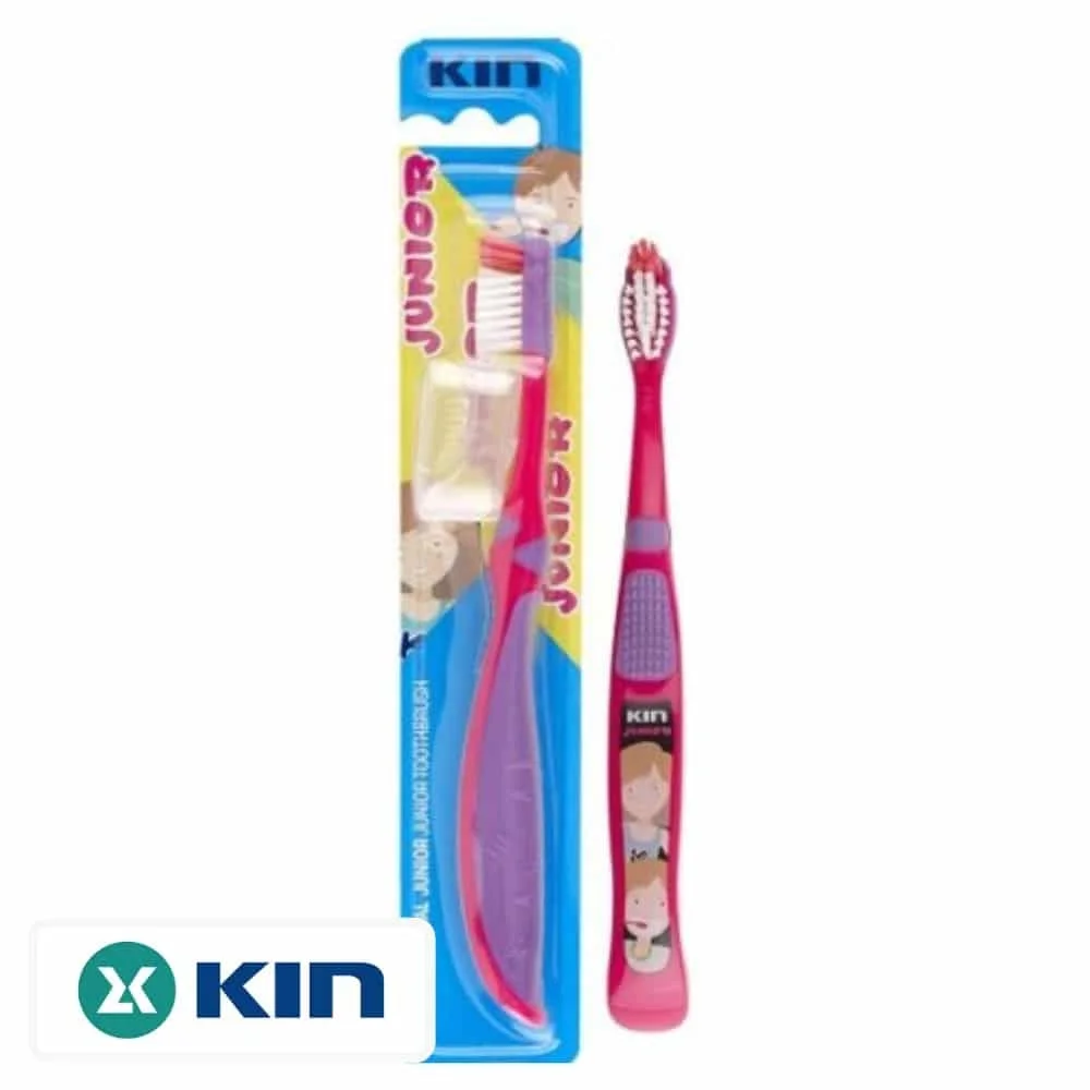 kin-junior-brosse-a-dents-6-12ans-1u.jpg Brosse à dents KIN Junior rose et violette sous blister illustré coloré