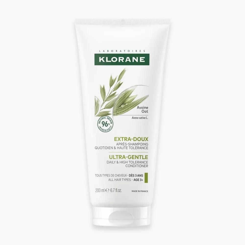 klorane-avoine-apres-shampoing-extra-doux-quotidien-200ml-3.jpg Tube blanc Klorane après-shampoing Extra-Doux avoine 200 ml avec épis verts