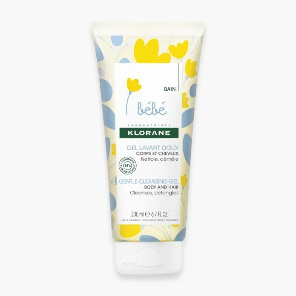 Tube Klorane Bébé Gel Lavant Doux illustré de fleurs jaunes et bleues