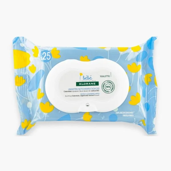 Paquet bleu Klorane Bébé lingettes nettoyantes douces x25 fleurs jaunes