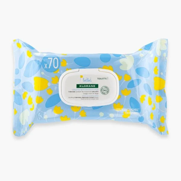 Grand paquet bleu Klorane Bébé lingettes nettoyantes douces x70 fleurs jaunes
