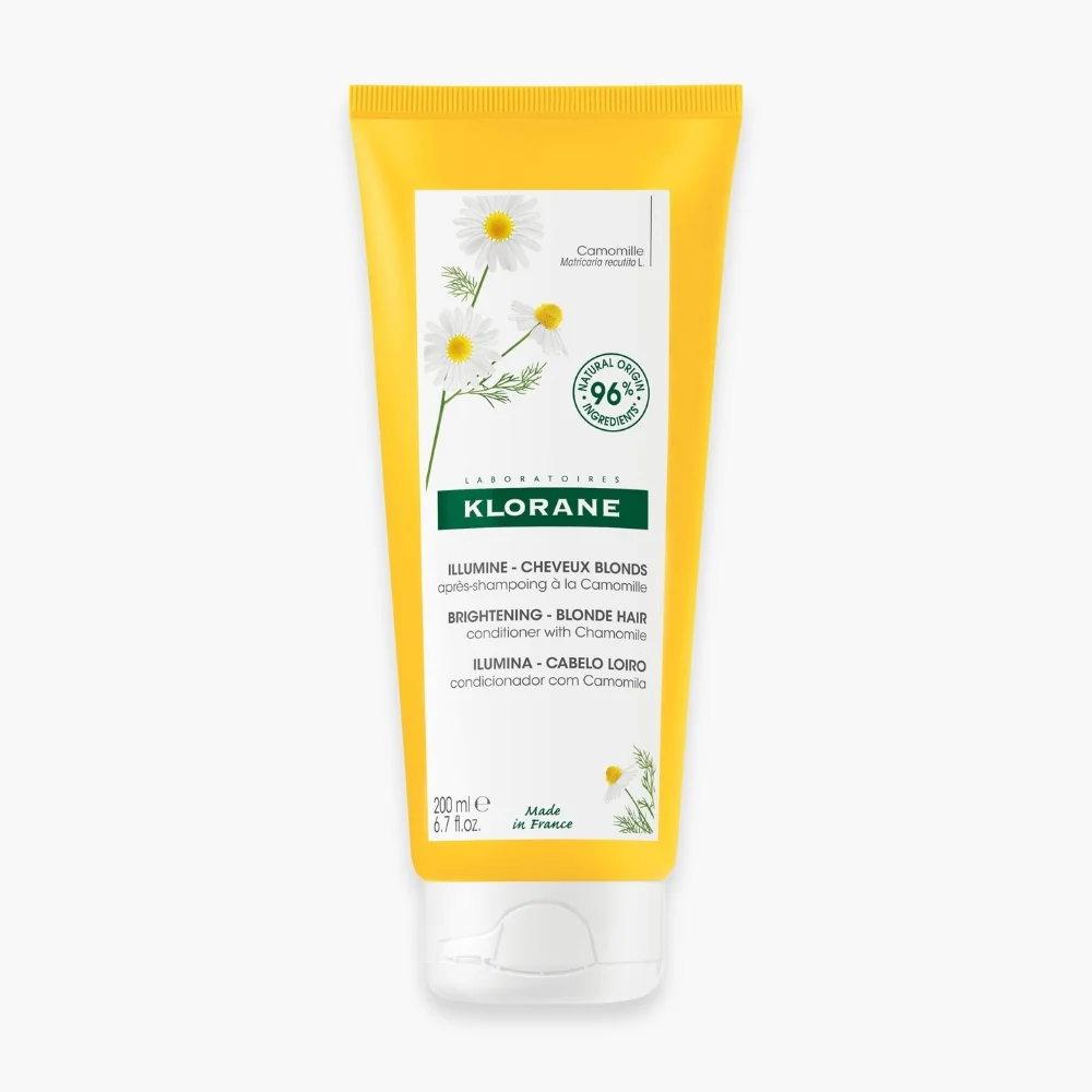 klorane-camomille-baume-apres-shampoing-reflets-blonds-200ml.jpg Tube jaune Klorane après-shampoing à la Camomille cheveux blonds 200 ml