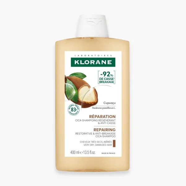 Grand flacon beige Klorane cica-shampoing réparation au Cupuaçu 400 ml