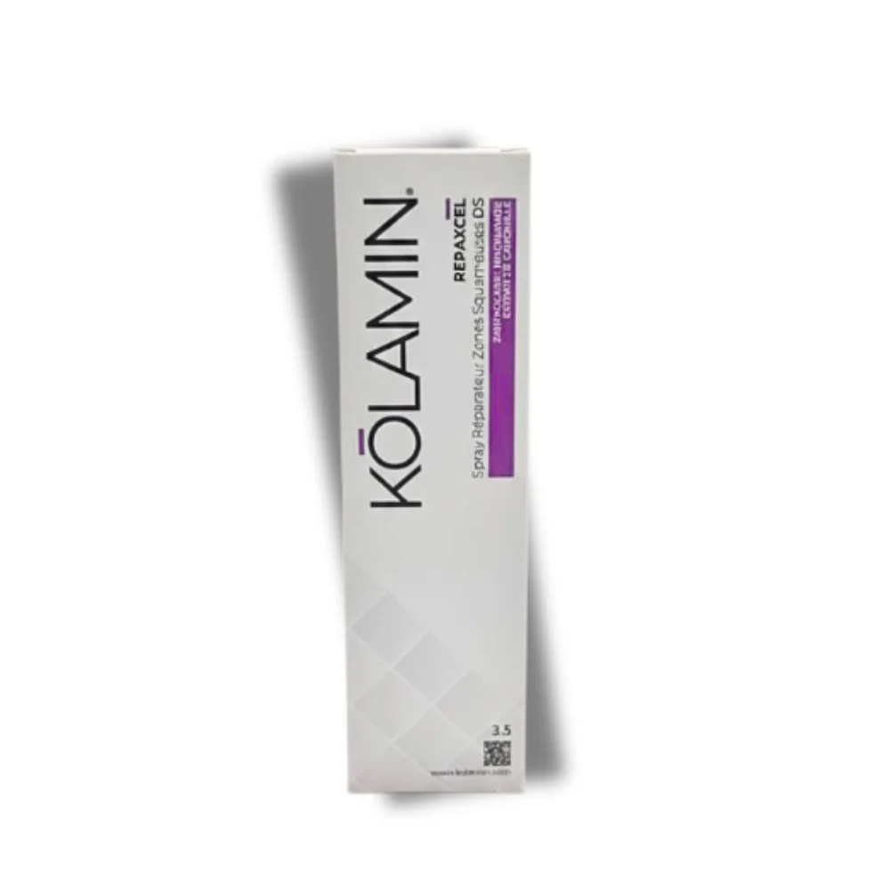 kolamin-repaxcel-spray-reparateur-120ml.jpg Boîte blanche et violette Kolamin Repaxcel spray réparateur 120 ml