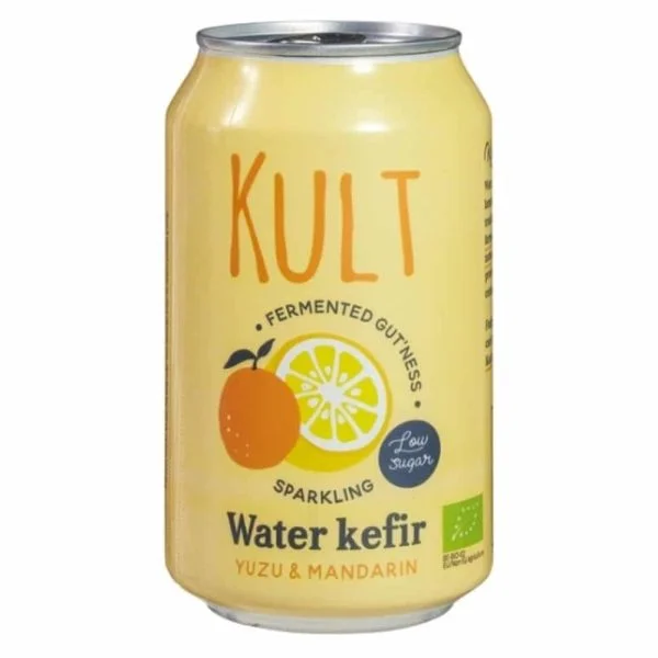 Canette jaune Kult kéfir d'eau gazeuse bio yuzu et mandarine 330 ml