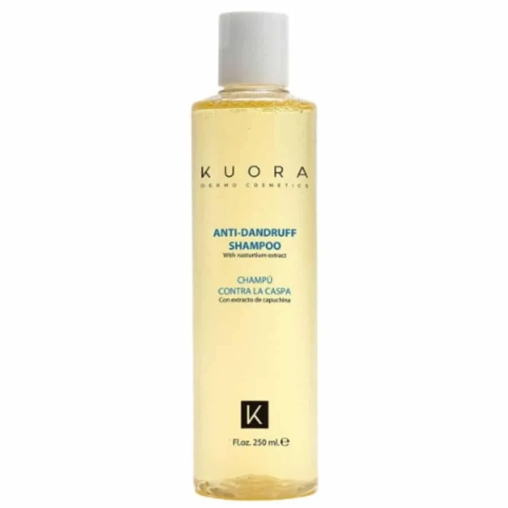 kuora-hair-line-shampoing-anti-pelliculaire-250ml.jpg Flacon transparent jaune Kuora shampoing anti-pelliculaire à la capucine 250 ml