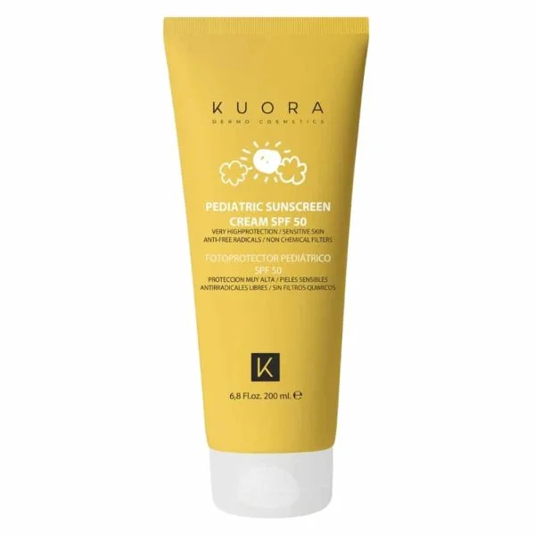 Tube jaune Kuora crème solaire pédiatrique SPF50 200 ml