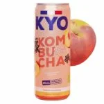 Canette pêche Kyo Kombucha Pêche Sureau avec fruit entier en arrière-plan