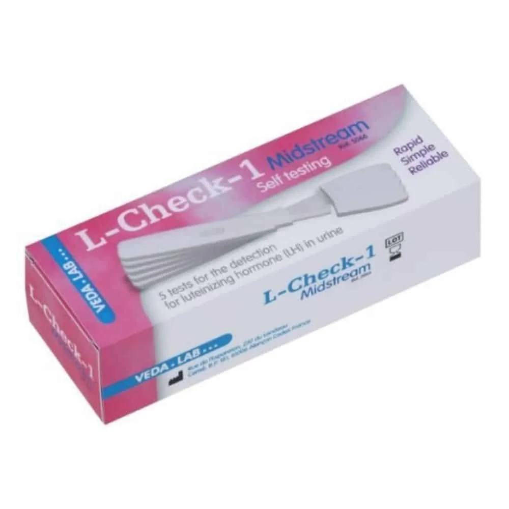 l-check-1-misstream-test-dovulation-5u.jpg Boîte rose L-Check-1 Midstream test d'ovulation avec bâtonnet illustré