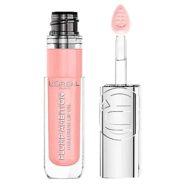 Tube et embout applicateur du lip oil L'Oréal Paris teinte rose nude laiteux