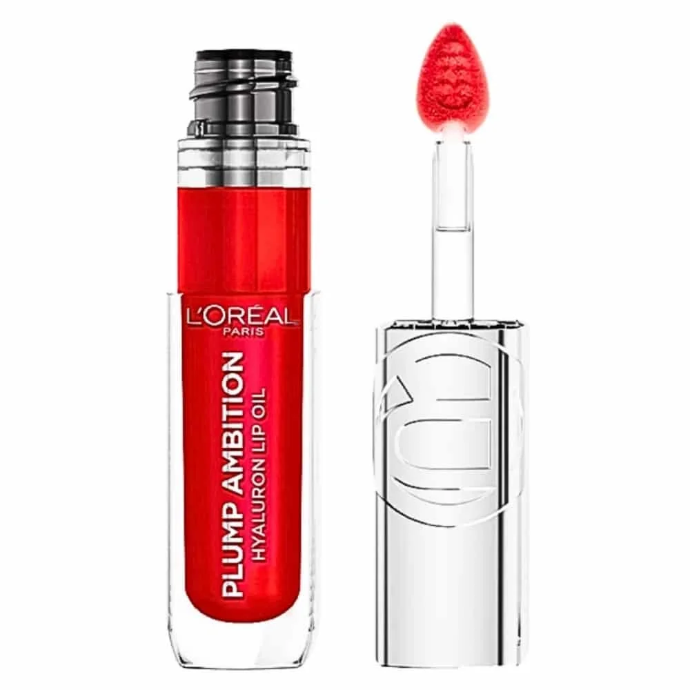l-oreal-paris-plump-ambition-380-rouge-in-love.jpg Tube et embout applicateur du lip oil L'Oréal Paris teinte rouge vif