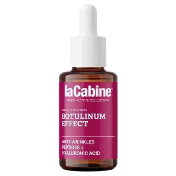 Flacon ambré laCabine Botulinum Effect sérum 30 ml, étiquette rose et compte-gouttes