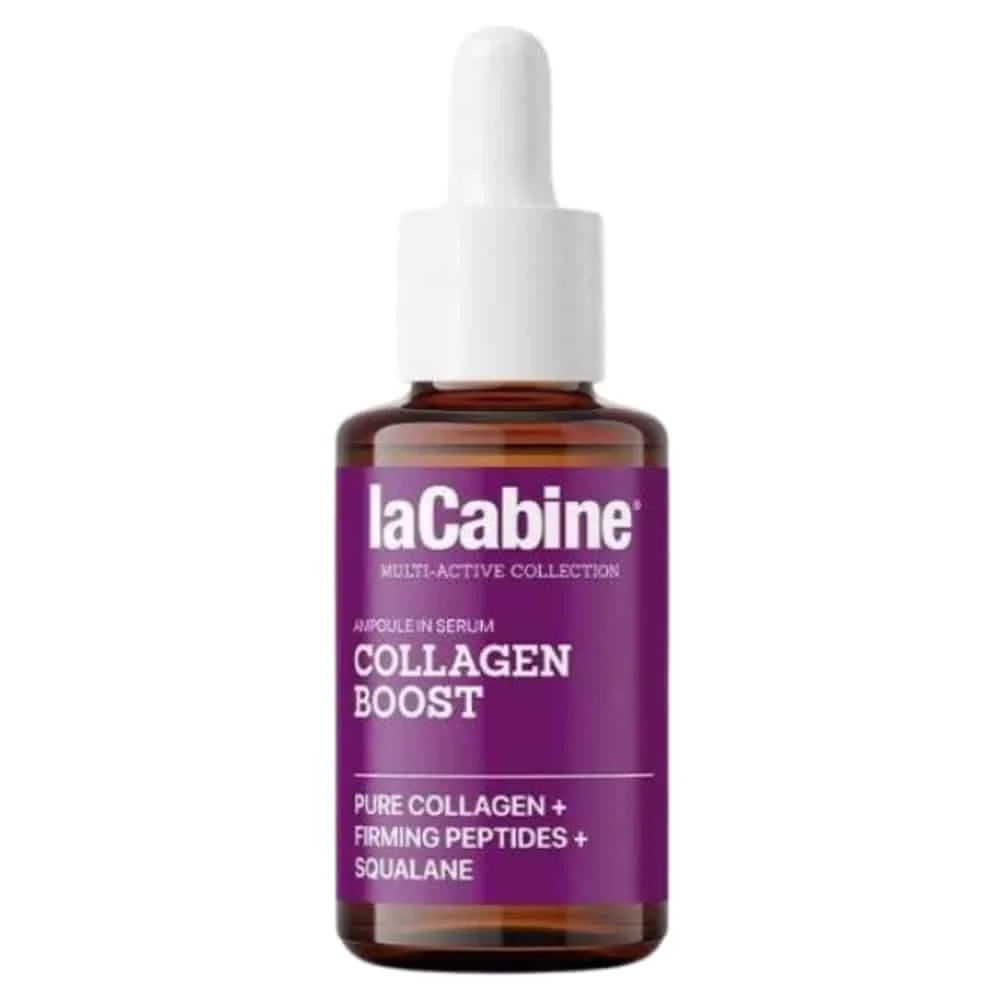 lacabine-collagen-boost-serum-30ml.jpg Flacon ambré laCabine Collagen Boost sérum 30 ml, étiquette violette et compte-gouttes