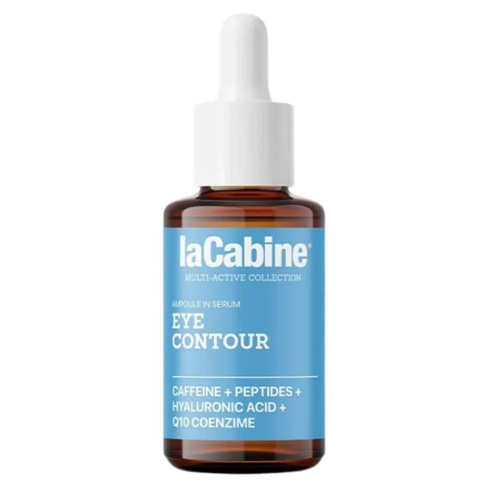 lacabine-eye-contour-serum-30ml.jpg Flacon ambré laCabine Eye Contour sérum 30 ml, étiquette bleue et compte-gouttes