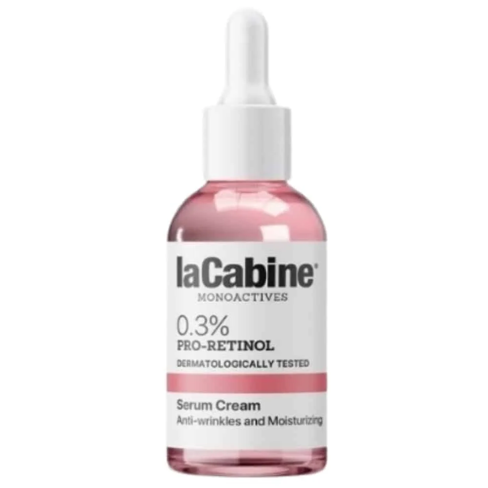 lacabine-monoactive-03-pro-retinol-serum-30ml.jpg Flacon rose laCabine Monoactives 0,3 % Pro-Retinol sérum crème, compte-gouttes blanc