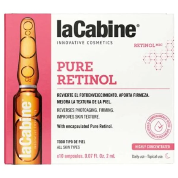 Boîte laCabine Pure Retinol avec ampoule ambrée, dix ampoules de 2 ml