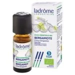 Flacon ambré Ladrôme Huile Essentielle Bio Bergamote et étui illustré d'agrumes